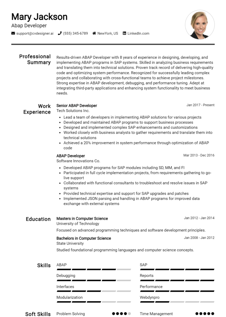ABAP Developer Resume Example for 2025: Free Guide