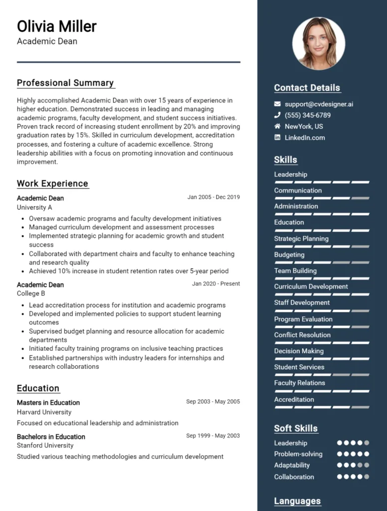 Academic Dean CV Example