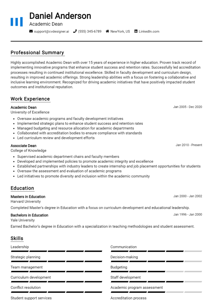 Academic Dean Resume Example