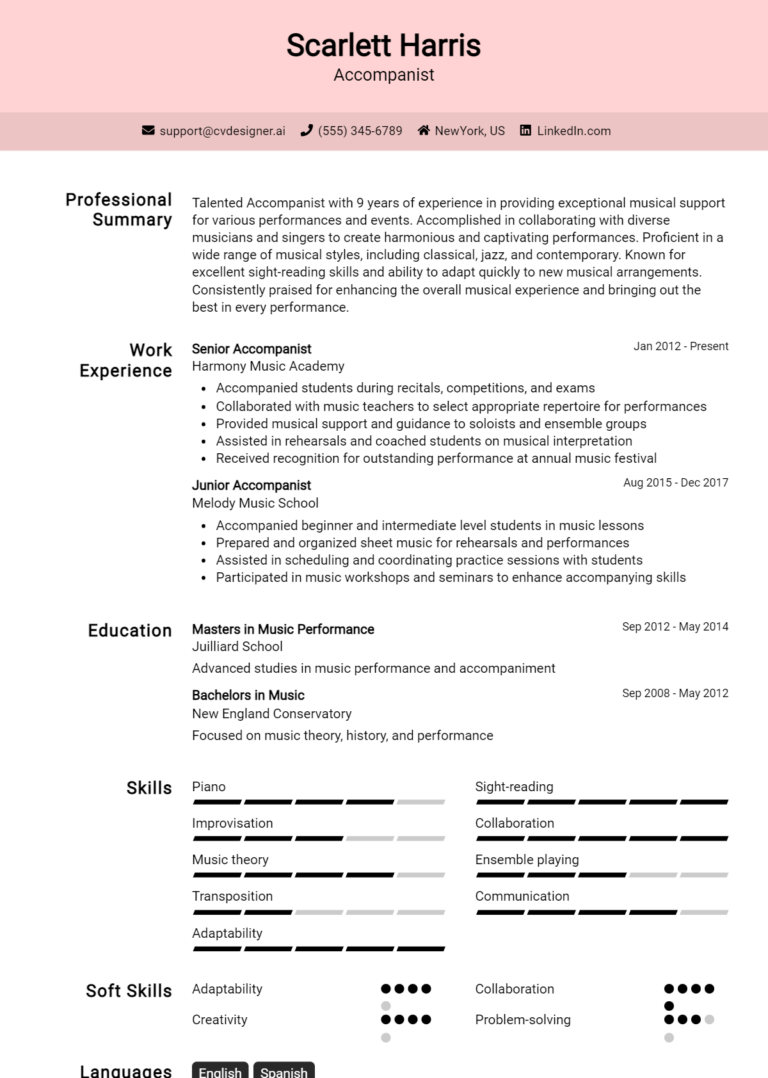 Accompanist Resume Example for 2025: Professional CV Templates