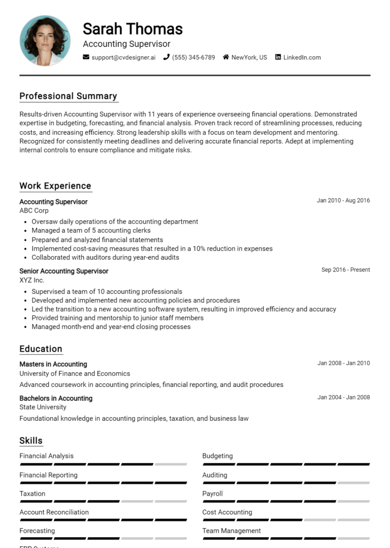 Accounting Supervisor Resume Example for 2025: How to Create a Professional CV