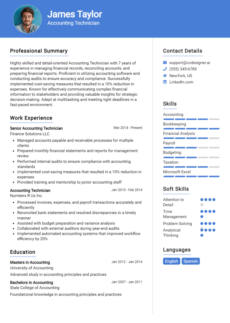 Accounting Technician Resume Example for 2025: Free Professional Templates