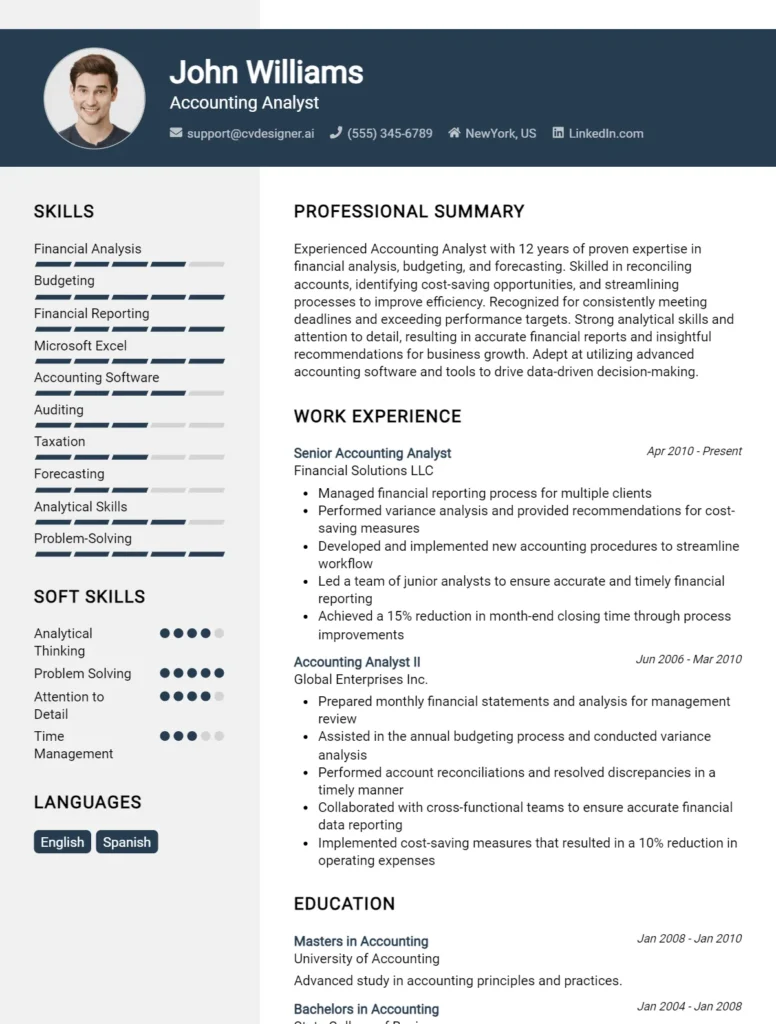 Accounting Analyst CV Example