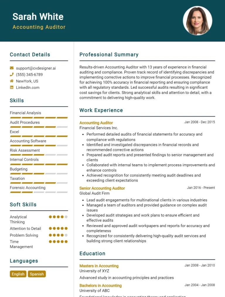 Accounting Auditor CV Example For 2025: Tips & Templates