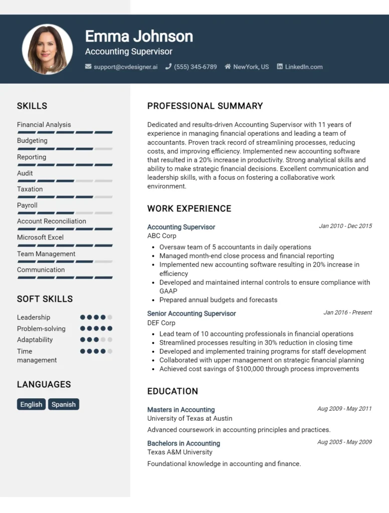 Accounting Supervisor CV Example