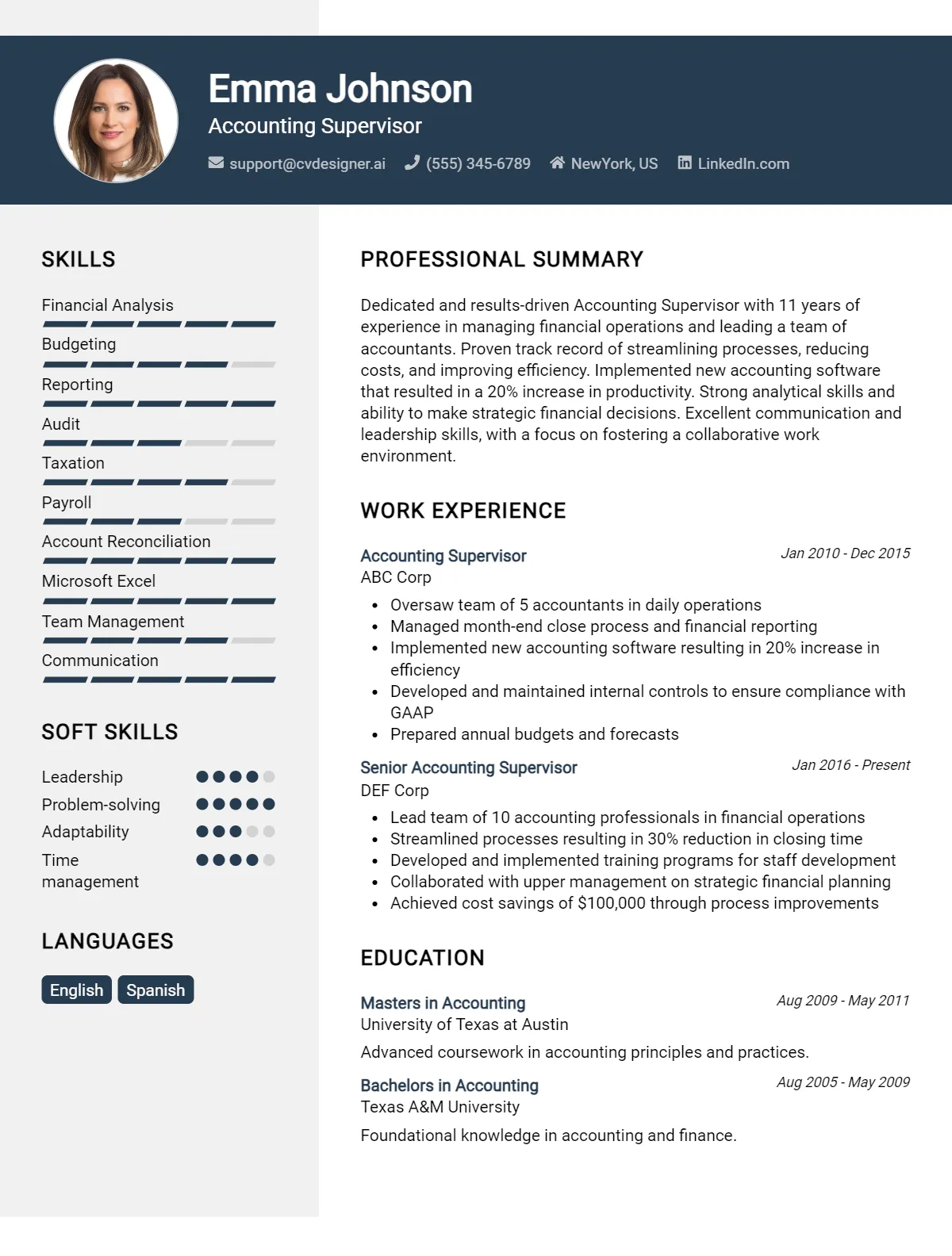 Accounting Supervisor CV Example