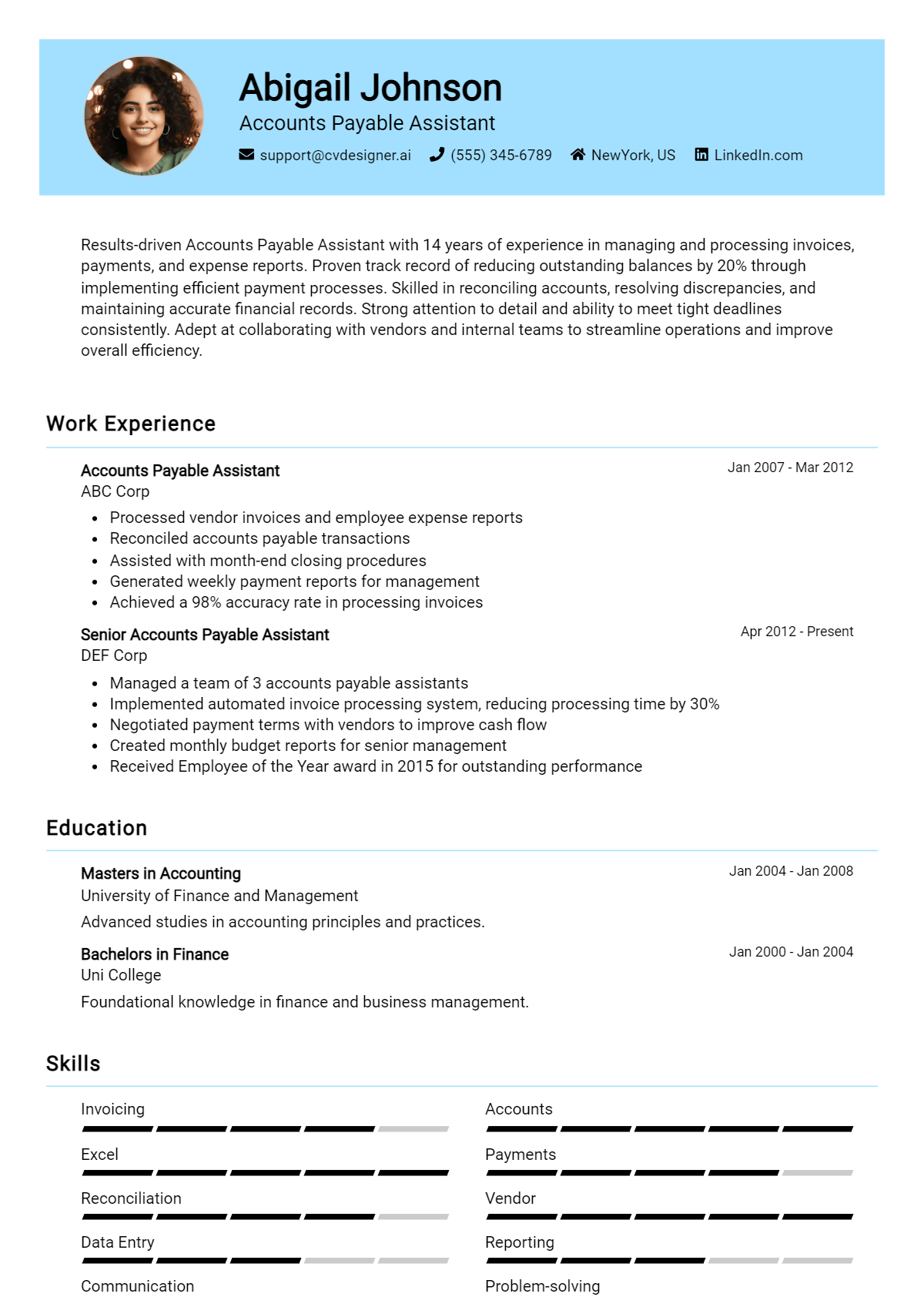 Accounts Payable Assistant Resume Example