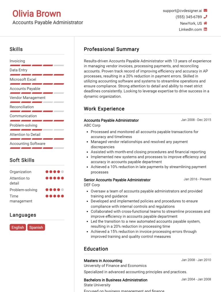 Accounts Payable Administrator CV Example For 2025: Best Formatting Tips