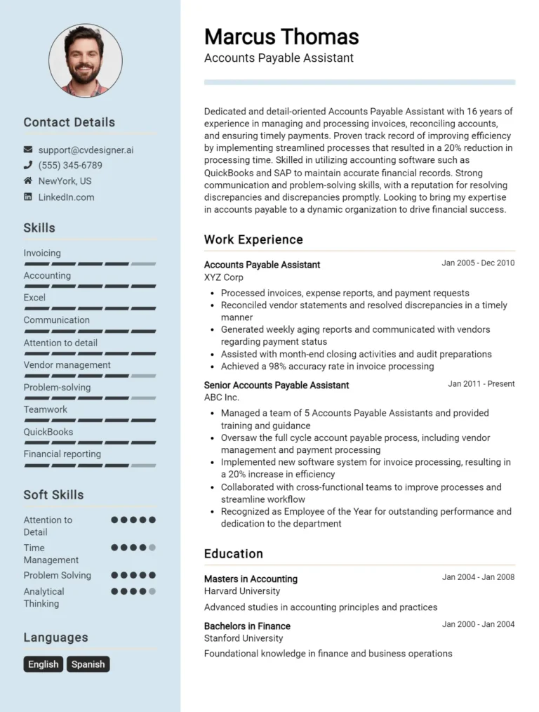 Accounts Payable Assistant CV Example For 2025: Best Tips & Templates
