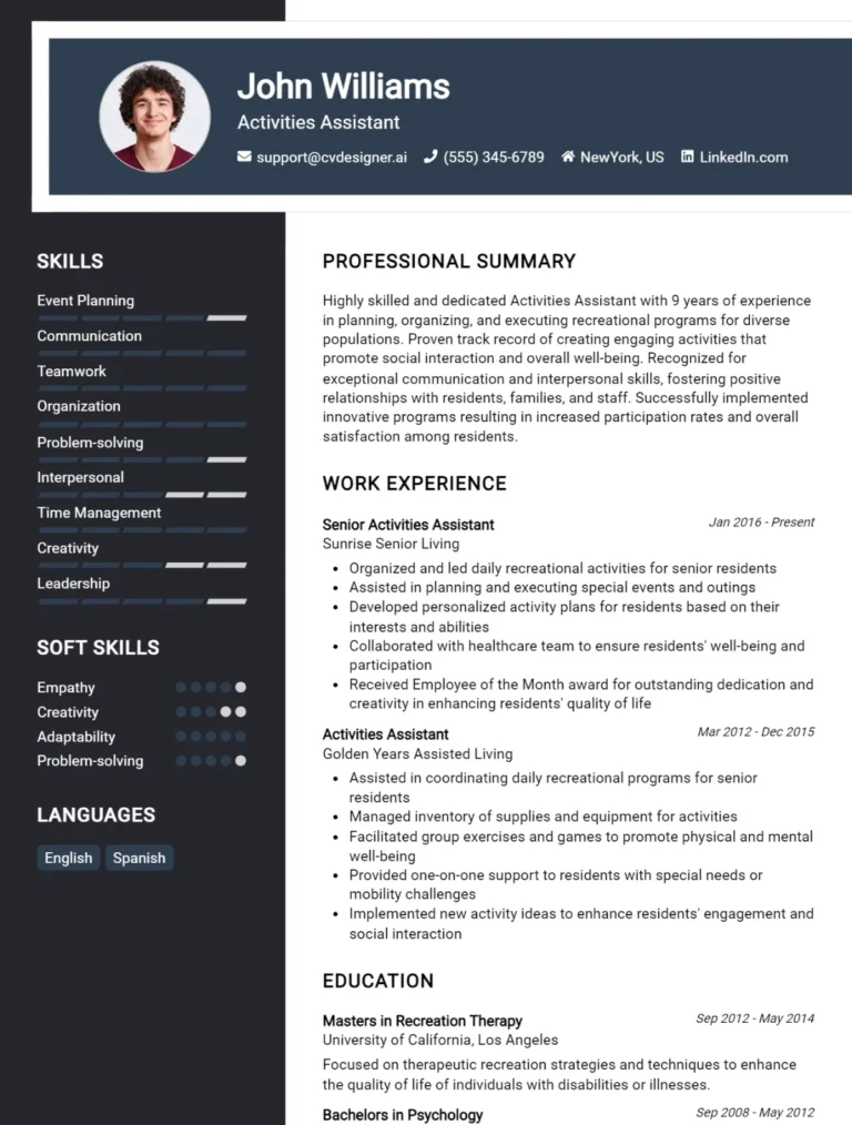 Activities Assistant CV Example For 2025: Top Tips & Samples