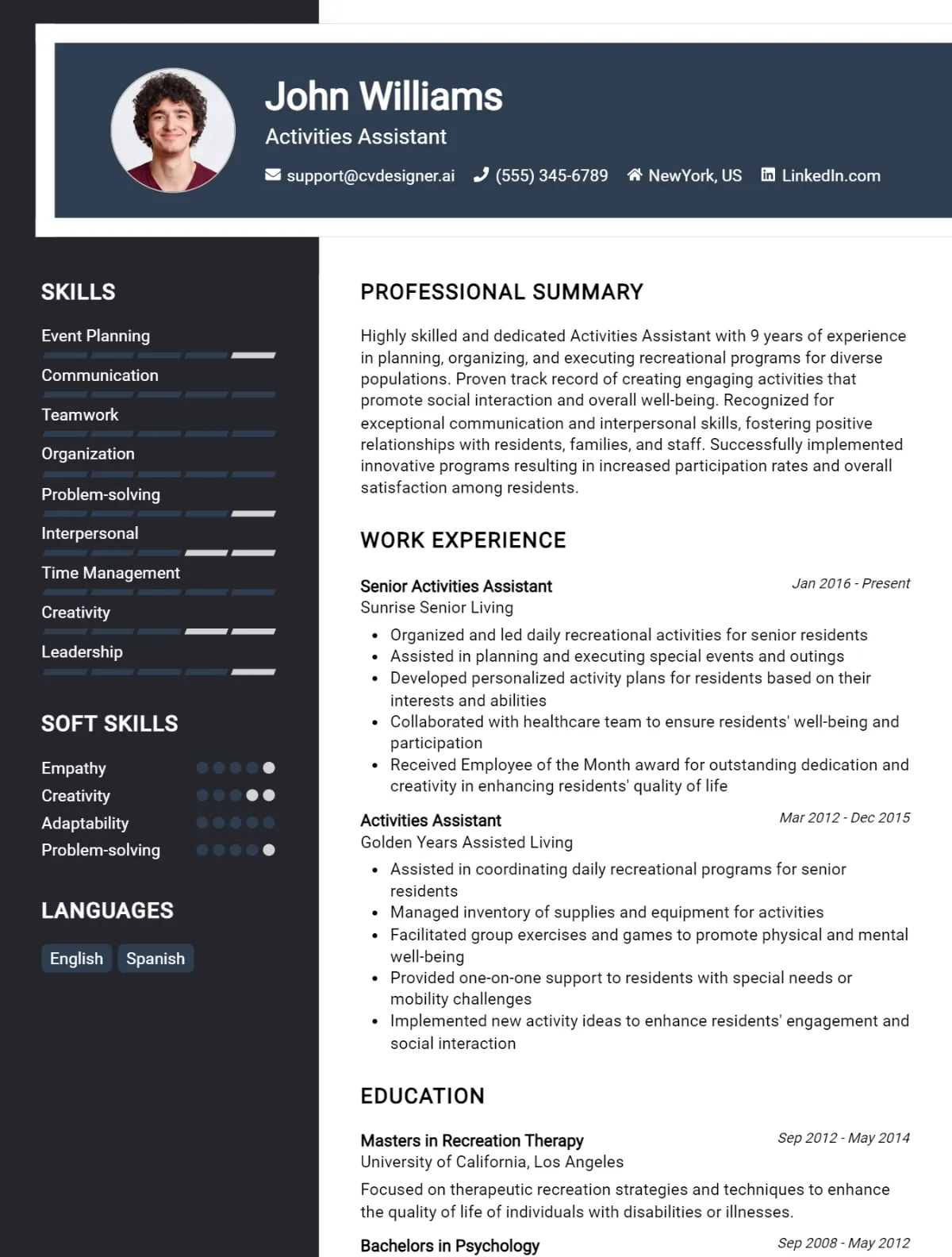 Activities Assistant CV Example