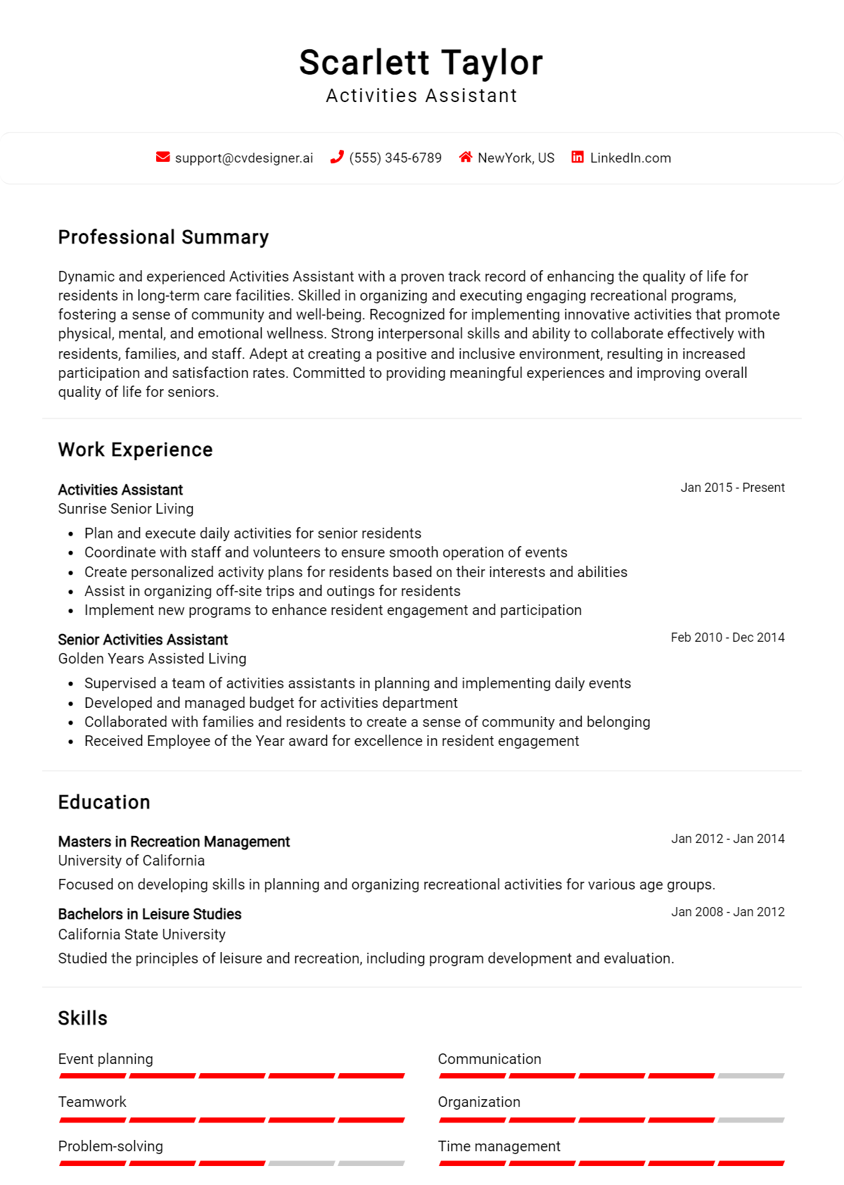 Activities Assistant Resume Example