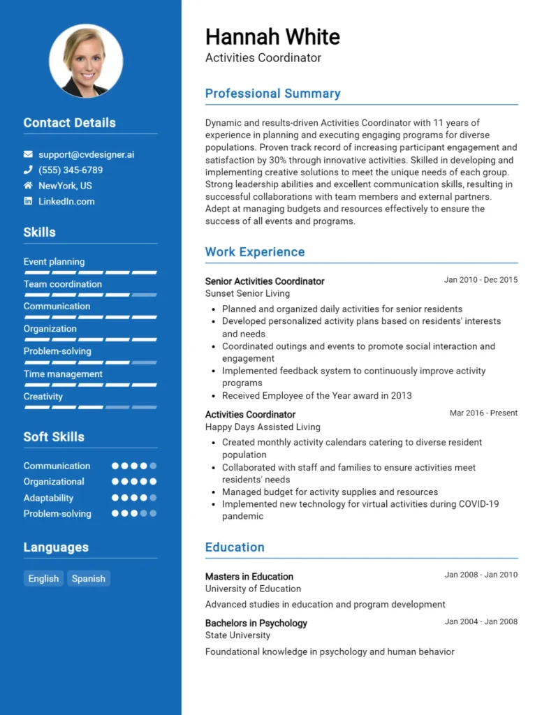 Activities Coordinator CV Example