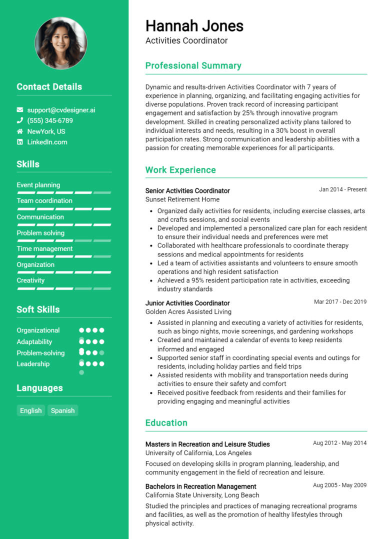 Activities Coordinator Resume Example for 2025: Tips & Templates
