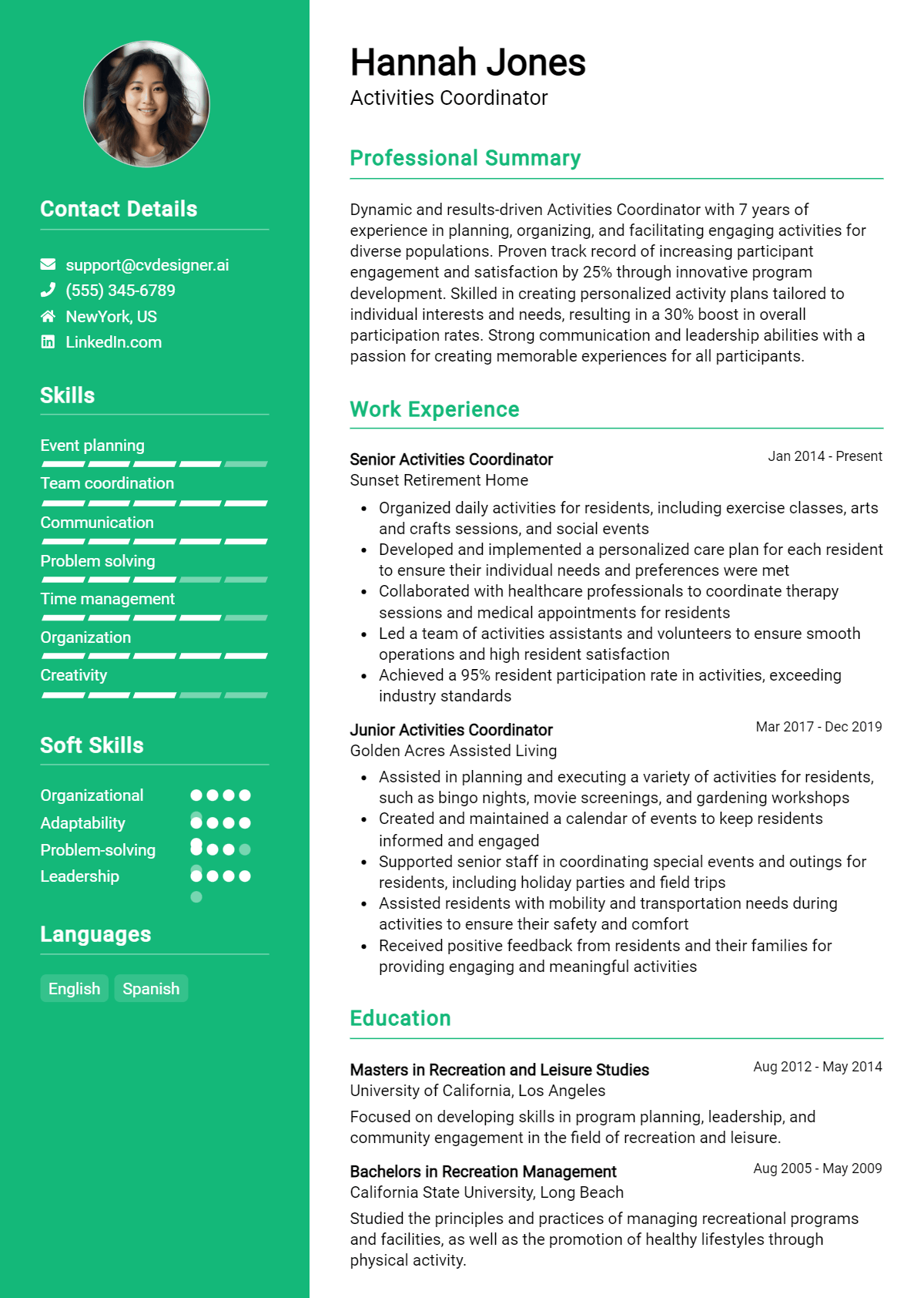 Activities Coordinator Resume Example