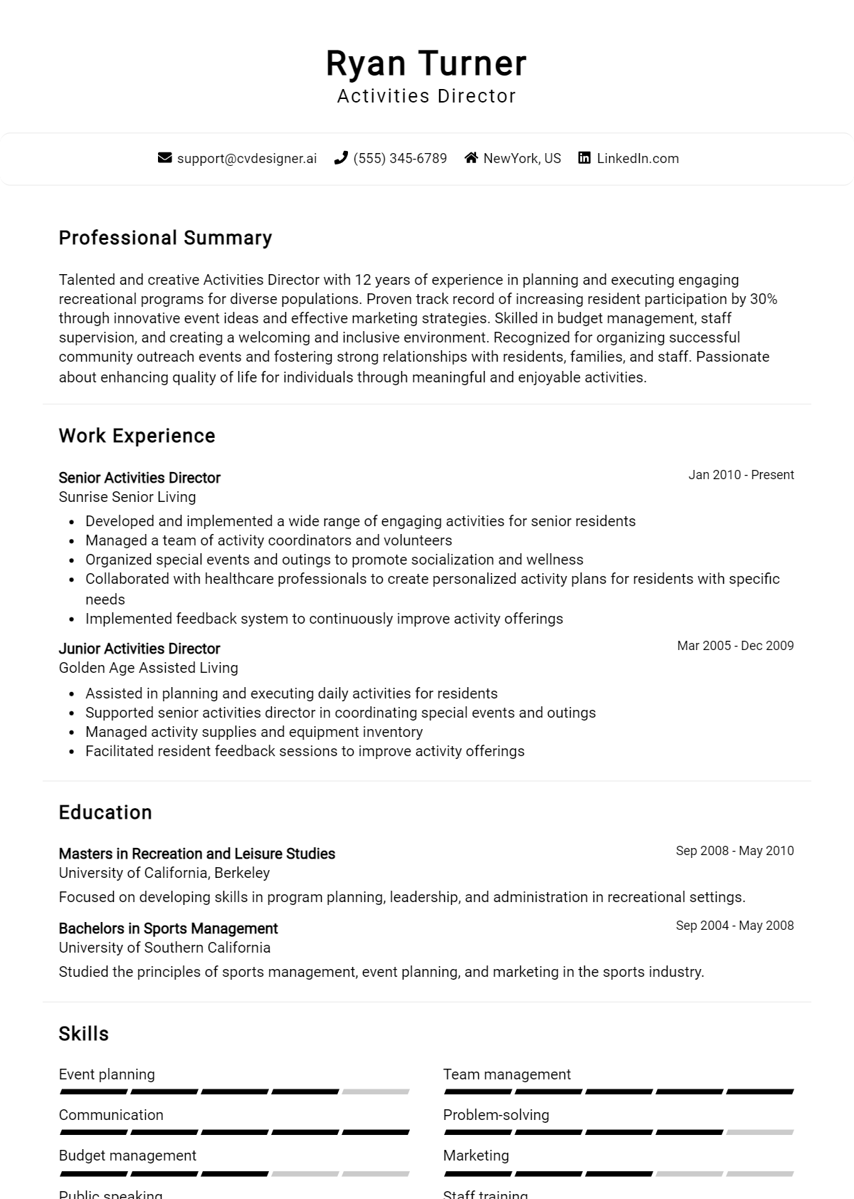Activities Director Resume Example