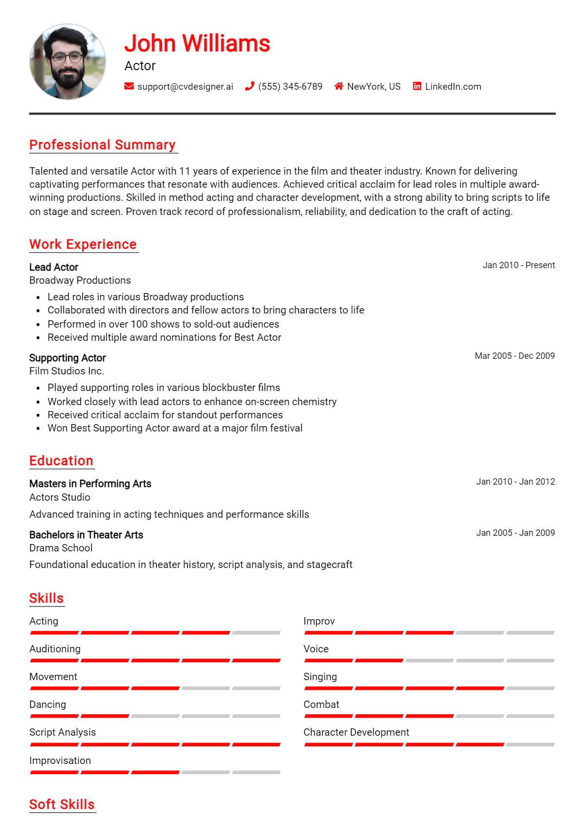 Actor Resume Example for 2024: Free Samples - CVDesigner.ai