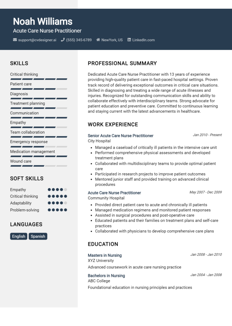 Acute Care Nurse Practitioner CV Example For 2025: Examples & Free Templates