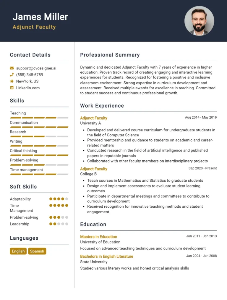 Adjunct Faculty CV Example For 2025: Examples & Free Templates
