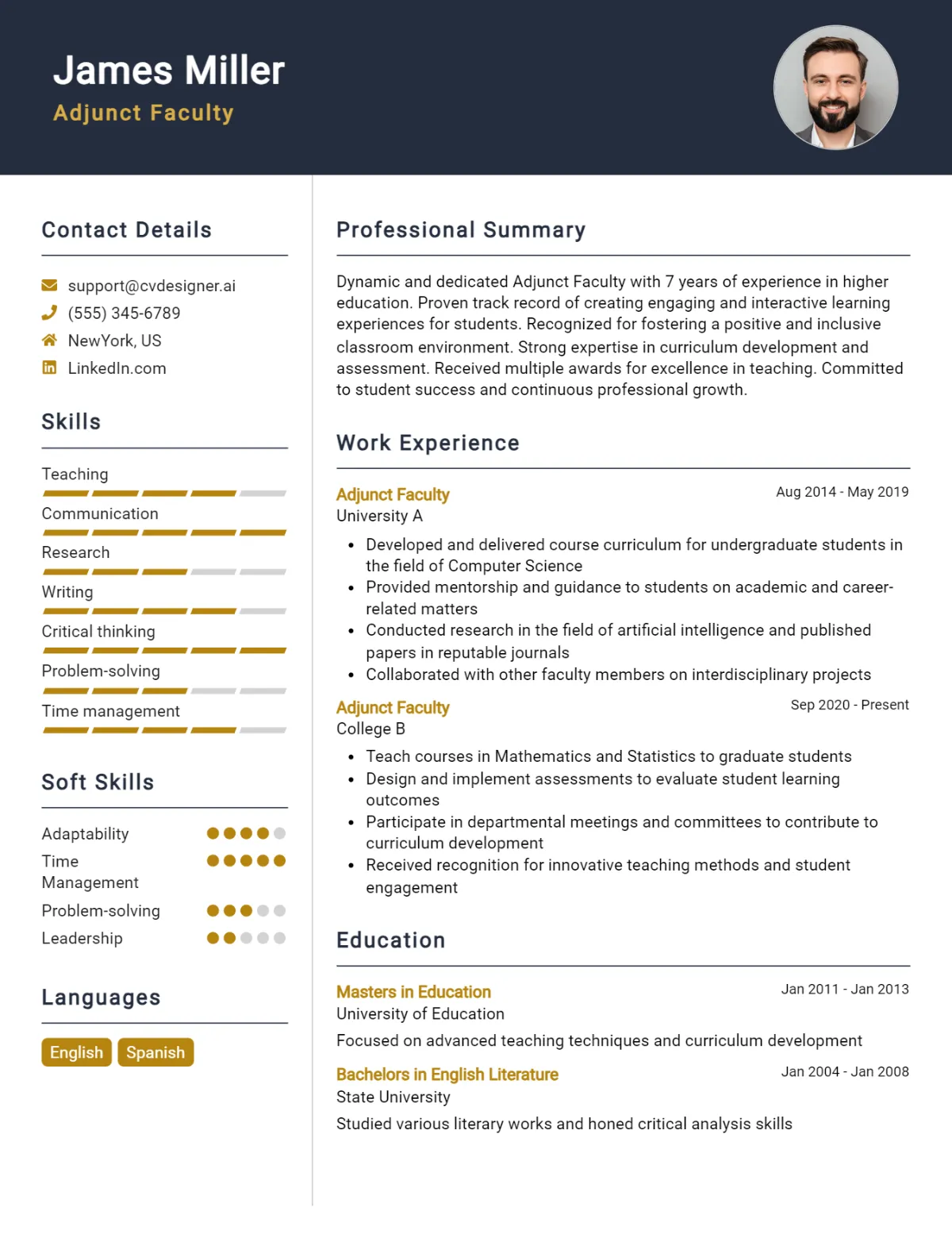 Adjunct Faculty CV Example