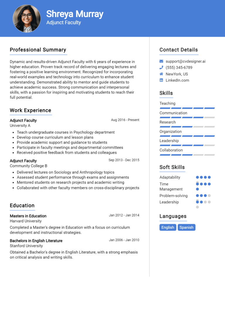 Adjunct Faculty Resume Example for 2025: Examples & Free Templates