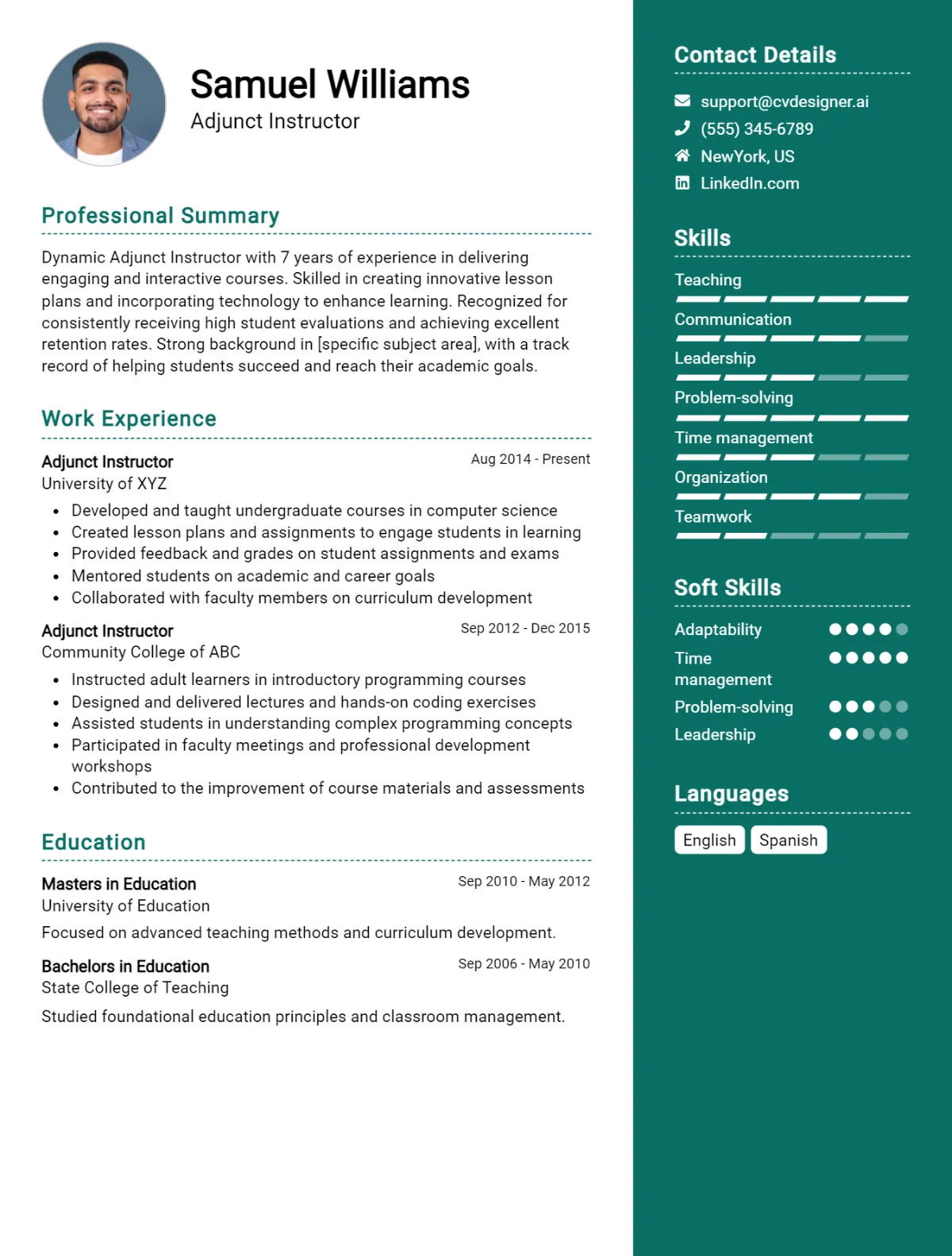 Adjunct Instructor CV Example