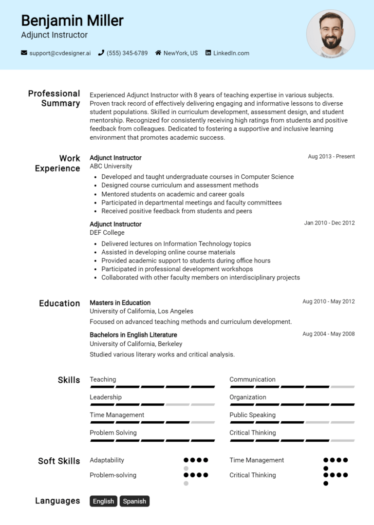 Adjunct Instructor Resume Example for 2025: Samples & Best Practices