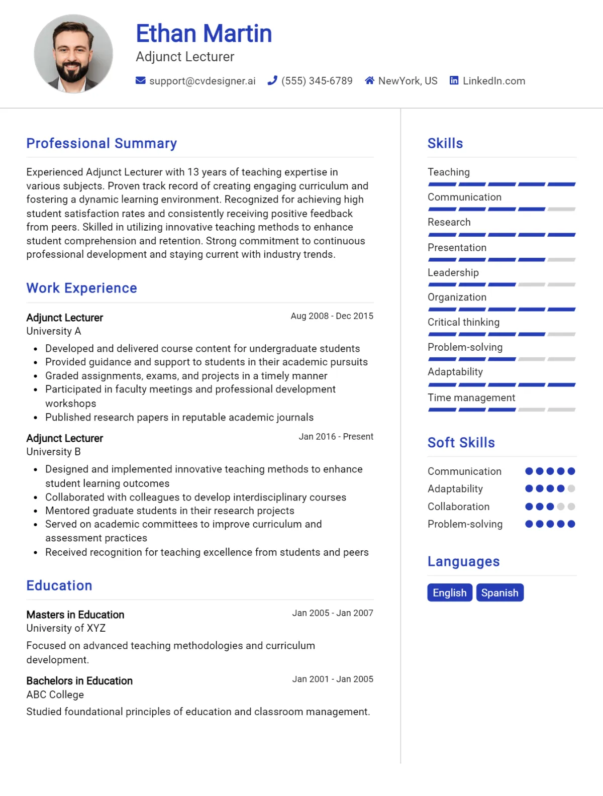 Adjunct Lecturer CV Example
