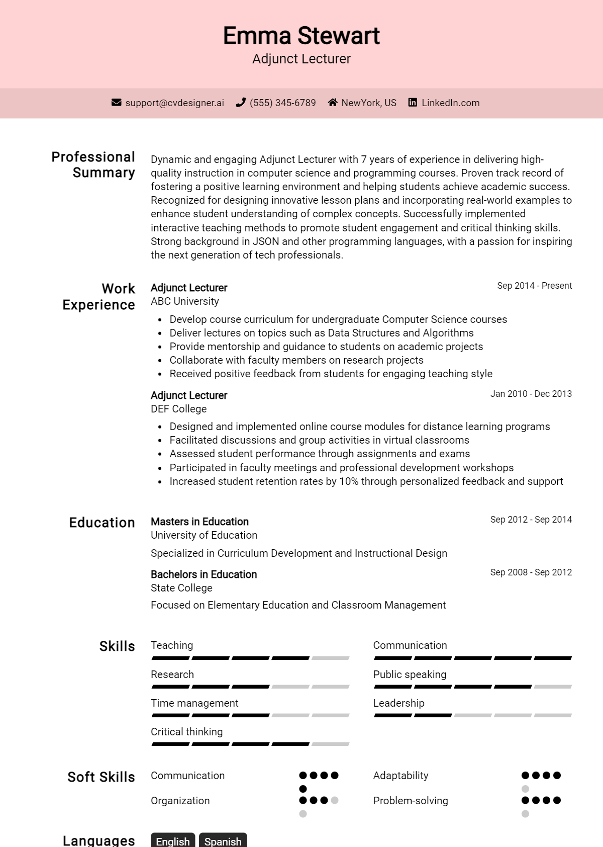 Adjunct Lecturer Resume Example