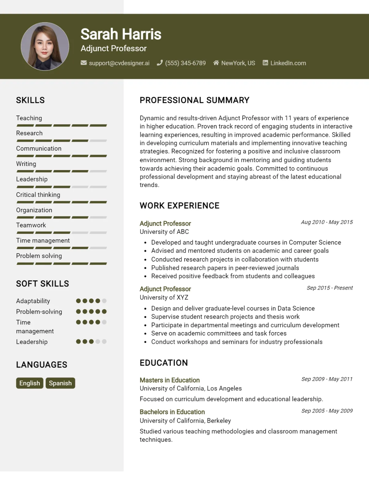 Adjunct Professor CV Example