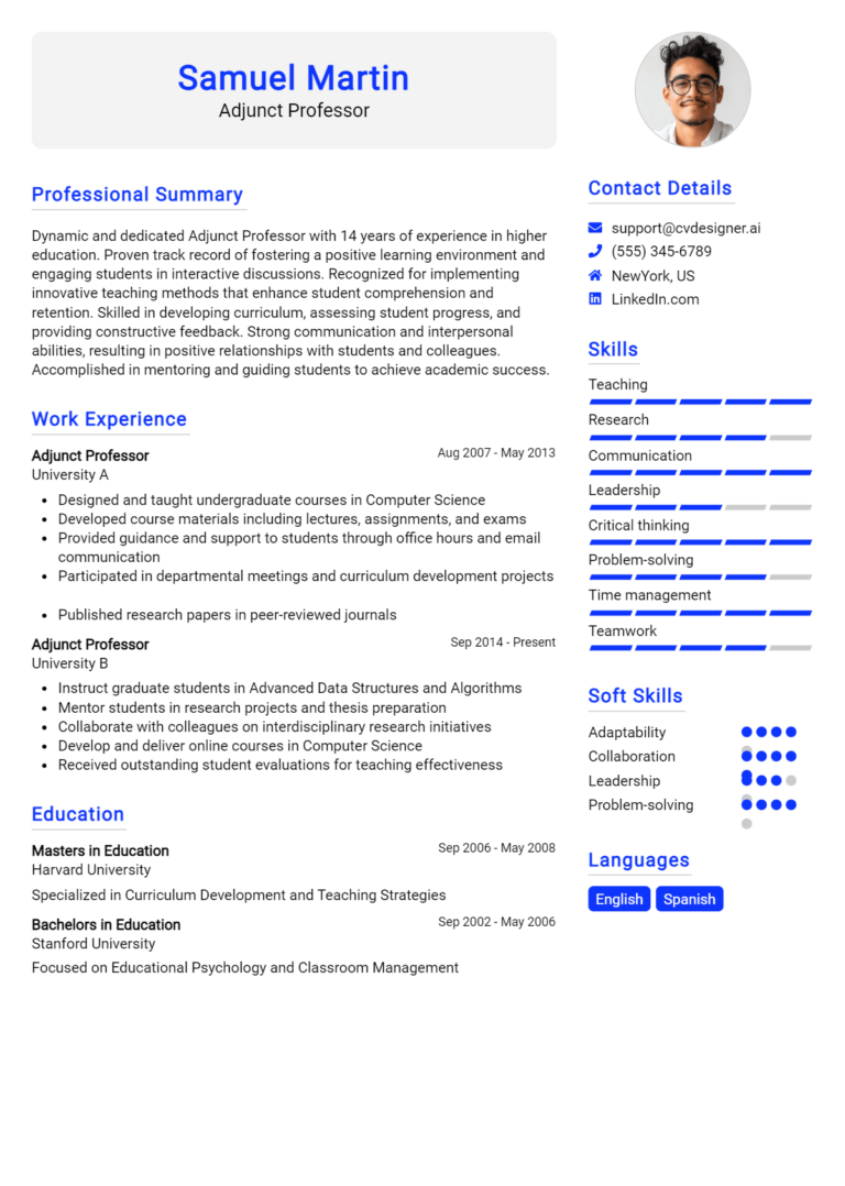 Adjunct Professor Resume Example for 2025: Samples & Best Practices