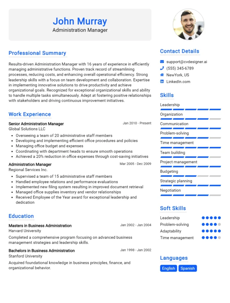 Administration Manager CV Example For 2025: Tips to Stand Out