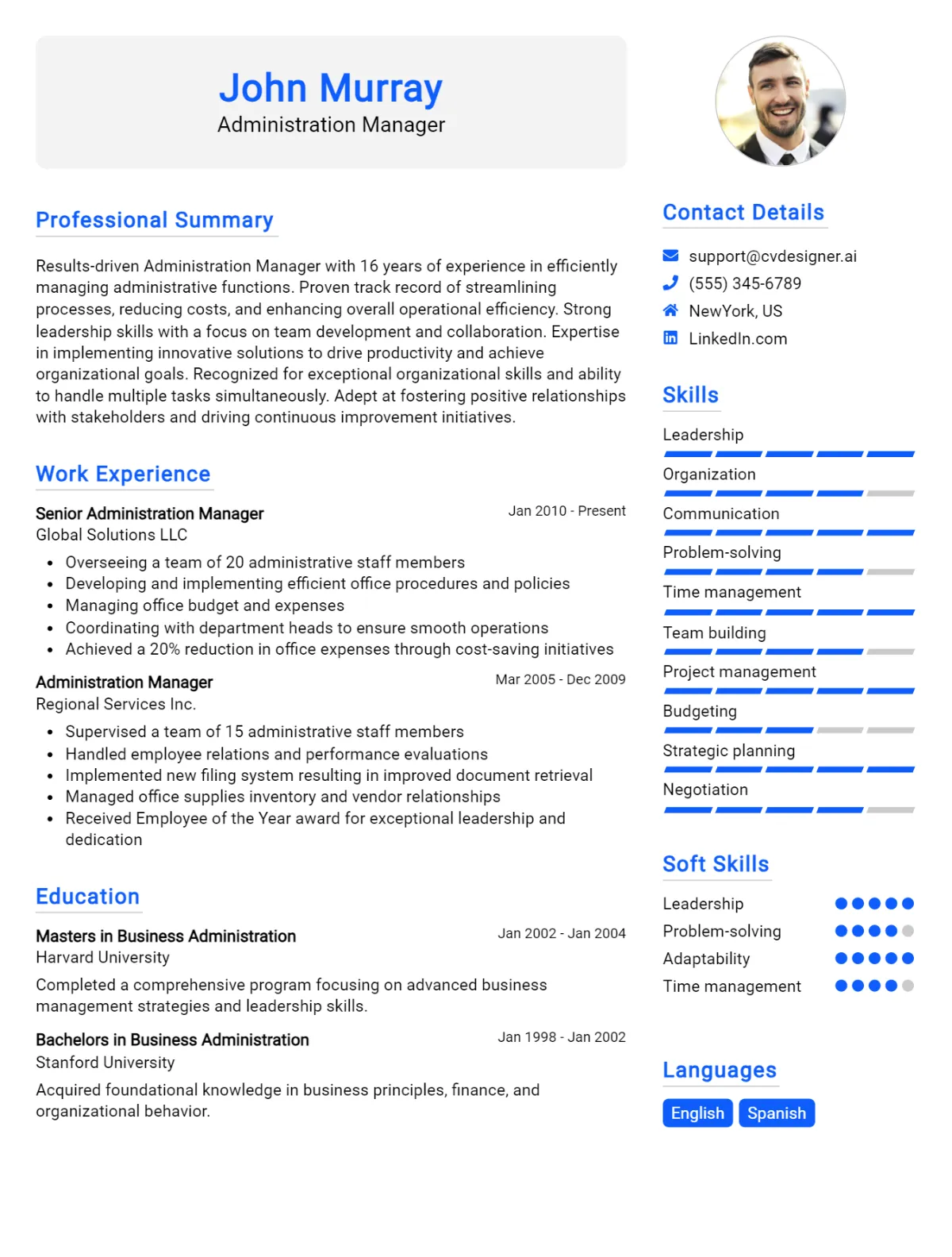 Administration Manager CV Example