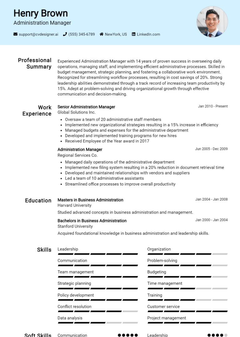 Administration Manager Resume Example for 2025: Samples & Best Practices