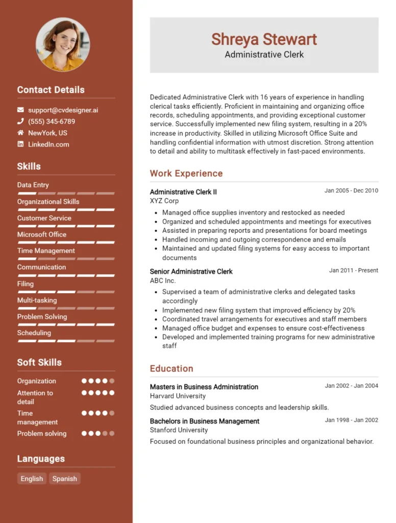 Administrative Clerk CV Example