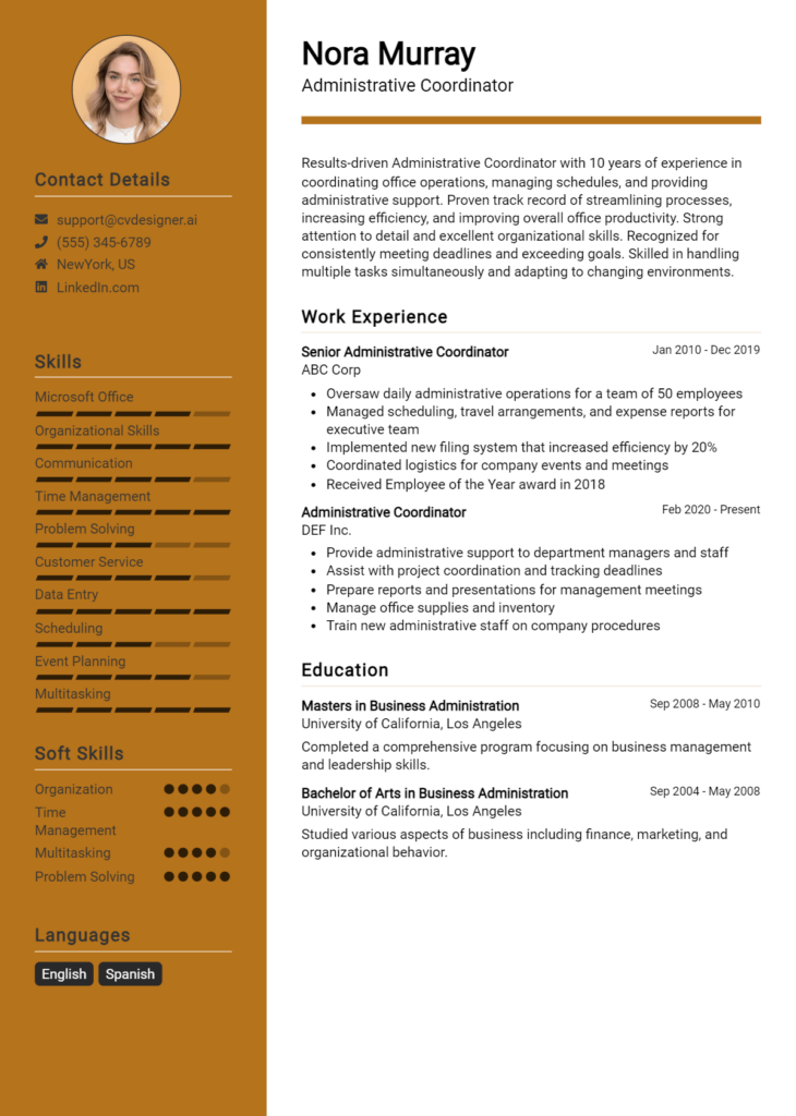 Administrative Coordinator Resume Example