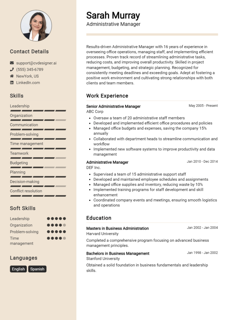 Administrative Manager Resume Example for 2025: Free Guide