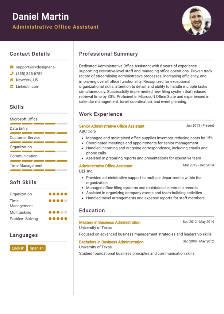 Administrative Office Assistant Resume Example