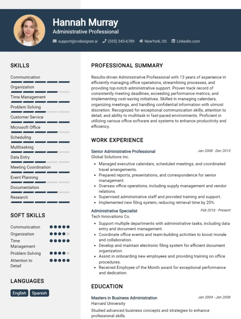 Administrative Professional CV Example For 2025: Tips & Templates