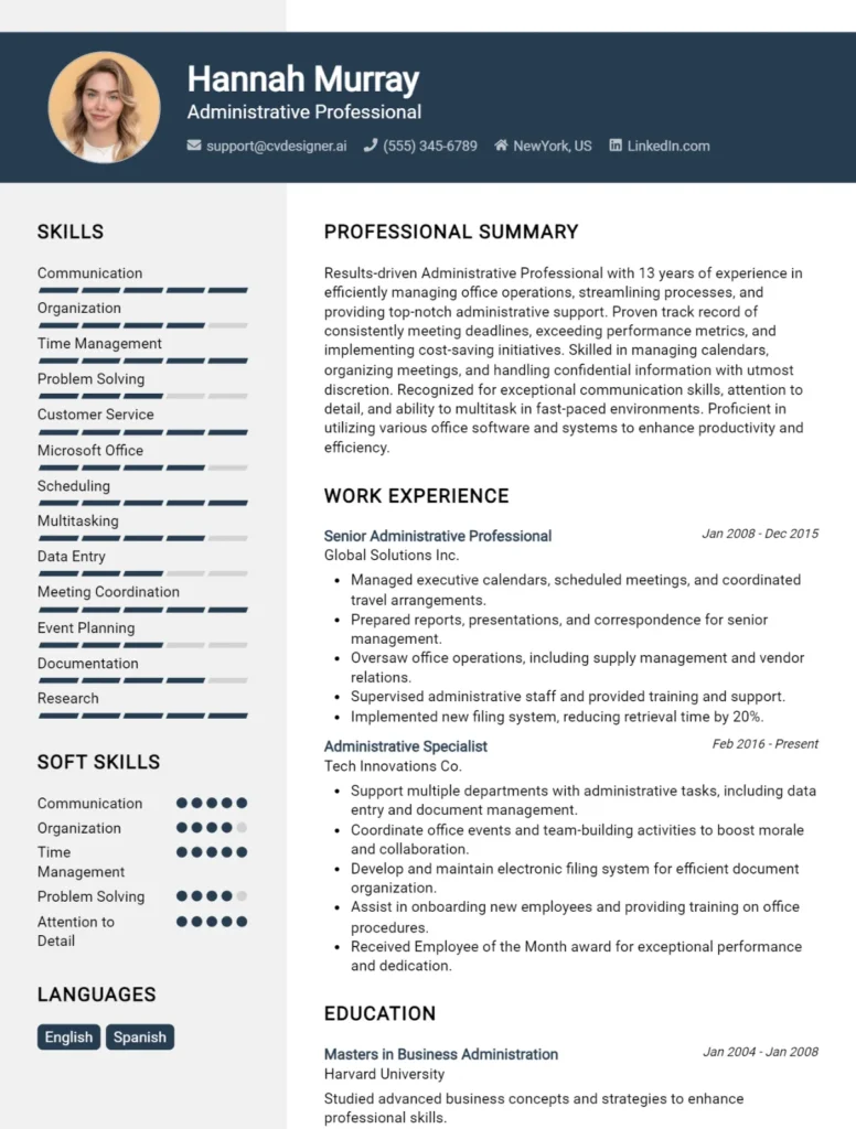 Administrative Professional CV Example