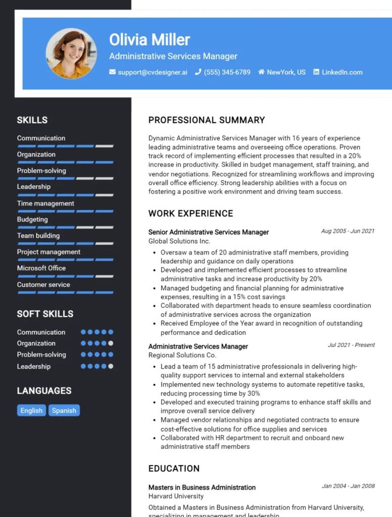 Administrative Services Manager CV Example