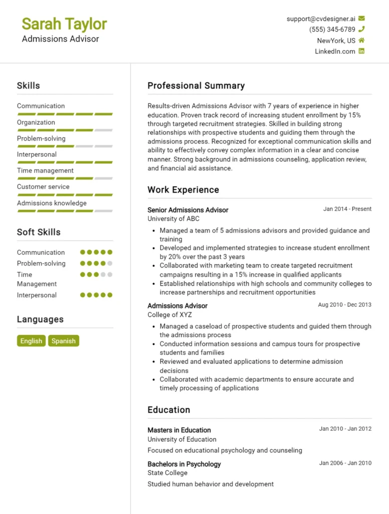 Admissions Advisor CV Example