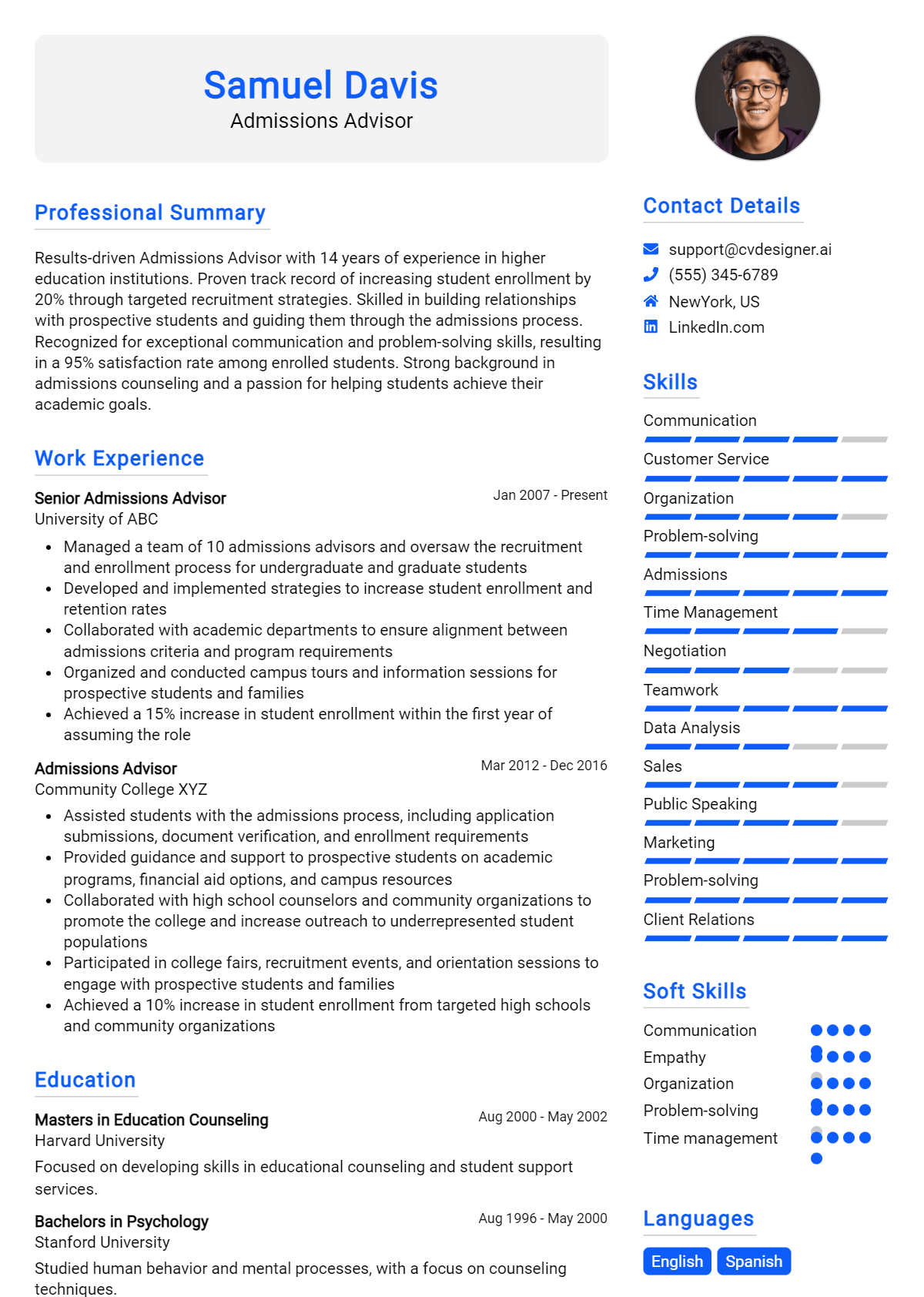 Admissions Advisor Resume Example