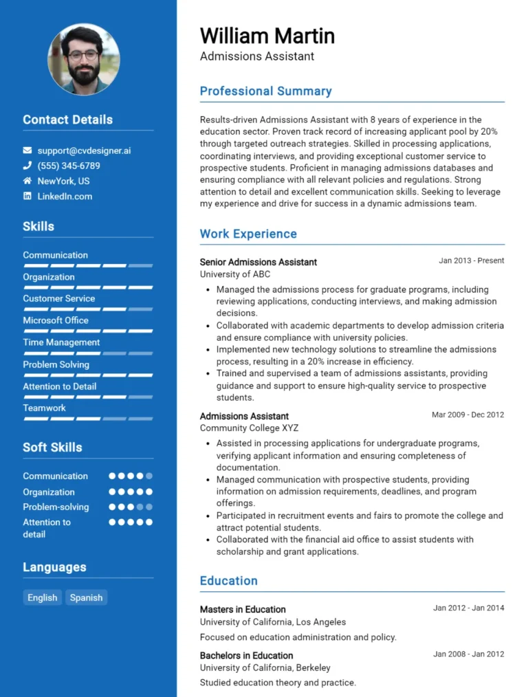 Admissions Assistant CV Example For 2025: Best Writing Guide