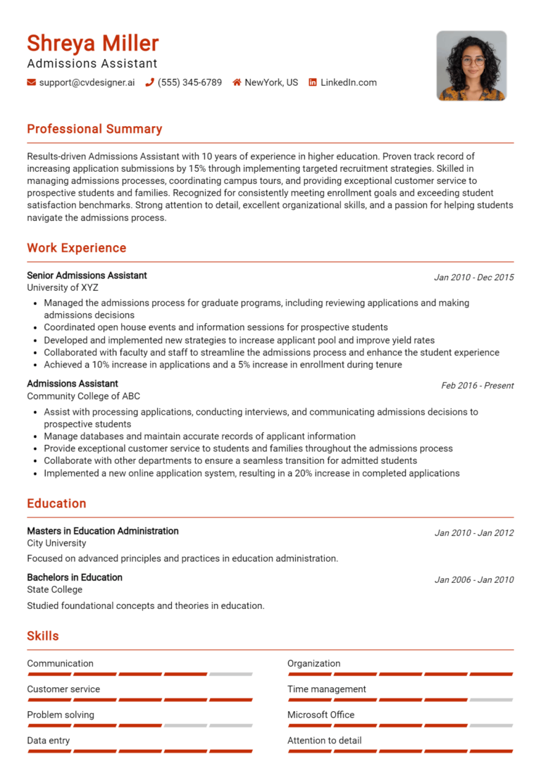 Admissions Assistant Resume Example for 2025: Samples & Best Practices