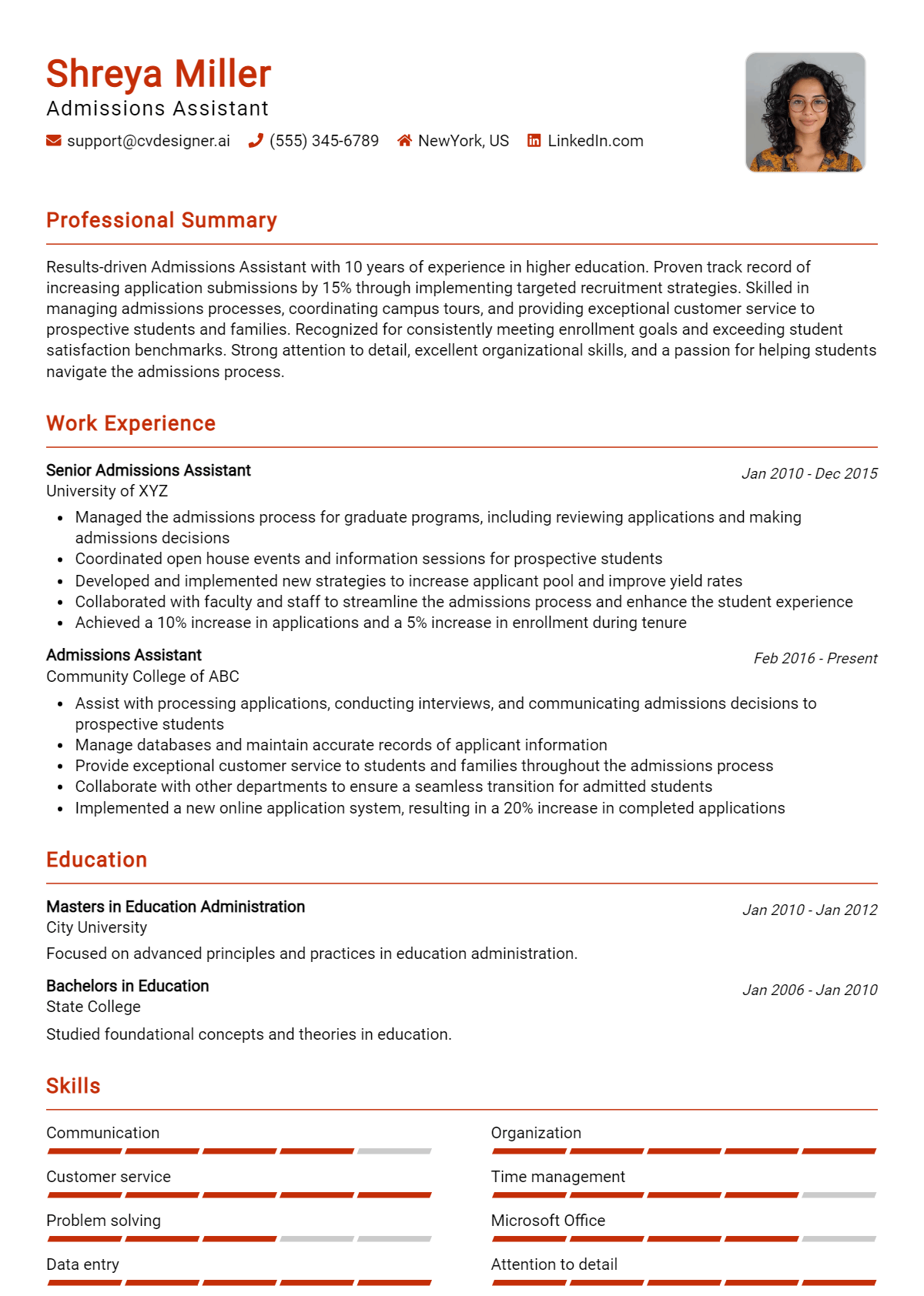 Admissions Assistant Resume Example