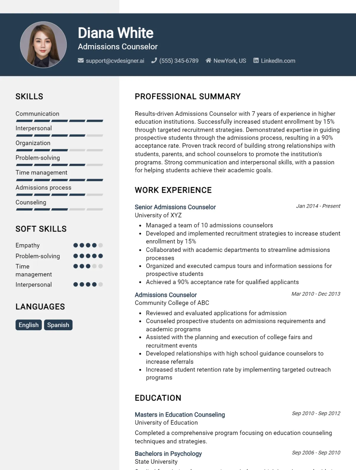 Admissions Counselor CV Example