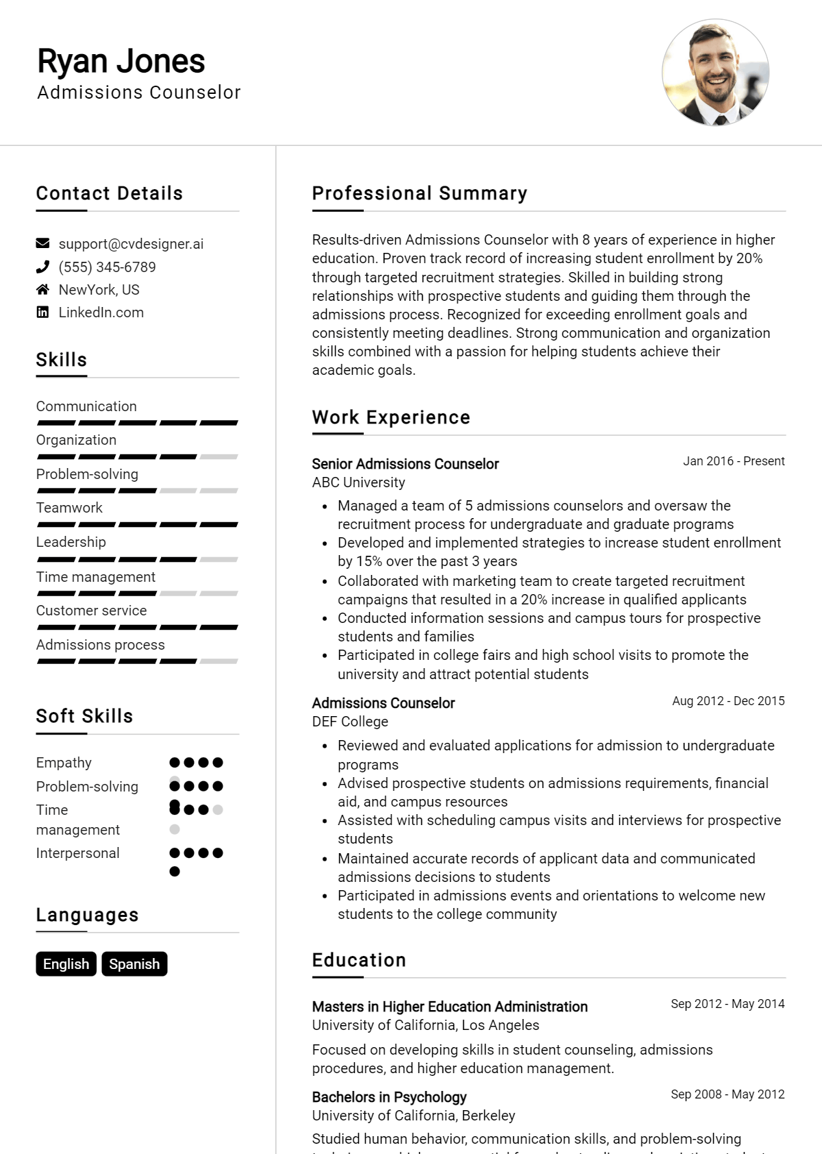 Admissions Counselor Resume Example