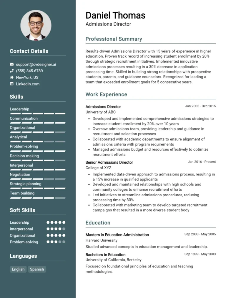 Admissions Director CV Example For 2025: Top CV Skills