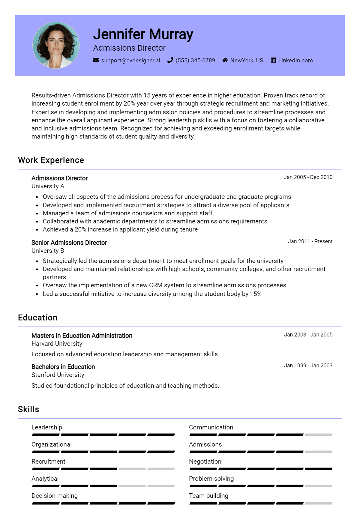 Admissions Director Resume Example
